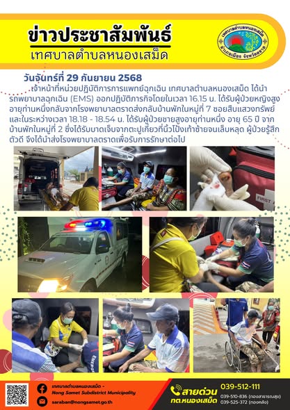ข่าวประชาสัมพันธ์เทศบาลตำบลหนองเสม็ด
วันจันทร์ที่ 29 กันยายน 2568
               เจ้าหน้าที่หน่วยปฏิบัติการการแพทย์ฉุกเฉิน เทศบาลตำบลหนองเสม็ด ได้นำรถพยาบาลฉุกเฉิน (EMS) ออกปฏิบัติภารกิจโดยในเวลา 16.15 น. ได้รับผู้ป่วยหญิงสูงอายุท่านหนึ่งกลับจากโรงพยาบาลตราดส่งกลับบ้านพักในหมู่ที่ 7 ซอยสืบแสวงทรัพย์ และในระหว่างเวลา 18.18 - 18.54 น. ได้รับผู้ป่วยชายสูงอายุท่านหนึ่ง อายุ 65 ปี จากบ้านพักในหมู่ที่ 2 ซึ่งได้รับบาดเจ็บจากตะปูเกี่ยวที่นิ้วโป้งเท้าซ้ายจนเล็บหลุด ผู้ป่วยรู้สึกตัวดี จึงได้นำส่งโรงพยาบาลตราดเพื่อรับการรักษาต่อไป