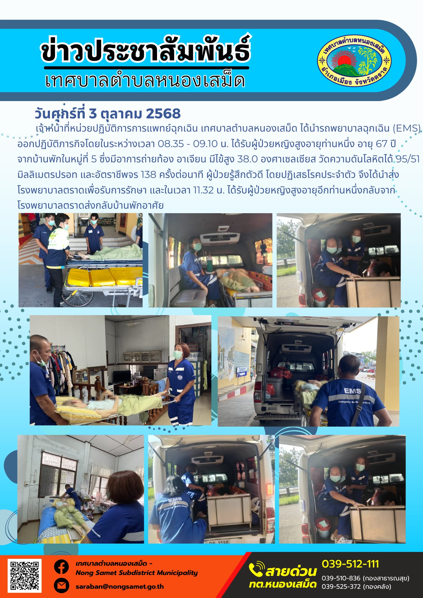ข่าวประชาสัมพันธ์เทศบาลตำบลหนองเสม็ด
วันศุกร์ที่ 3 ตุลาคม 2568
                เจ้าหน้าที่หน่วยปฏิบัติการการแพทย์ฉุกเฉิน เทศบาลตำบลหนองเสม็ด ได้นำรถพยาบาลฉุกเฉิน (EMS) ออกปฏิบัติภารกิจโดยในระหว่างเวลา 08.35 - 09.10 น. ได้รับผู้ป่วยหญิงสูงอายุท่านหนึ่ง อายุ 67 ปี จากบ้านพักในหมู่ที่ 5 ซึ่งมีอาการถ่ายท้อง อาเจียน มีไข้สูง 38.0 องศาเซลเซียส วัดความดันโลหิตได้ 95/51 มิลลิเมตรปรอท และอัตราชีพจร 138 ครั้งต่อนาที ผู้ป่วยรู้สึกตัวดี โดยปฏิเสธโรคประจำตัว จึงได้นำส่งโรงพยาบาลตราดเพื่อรับการรักษา และในเวลา 11.32 น. ได้รับผู้ป่วยหญิงสูงอายุอีกท่านหนึ่งกลับจากโรงพยาบาลตราดส่งกลับบ้านพักอาศัย