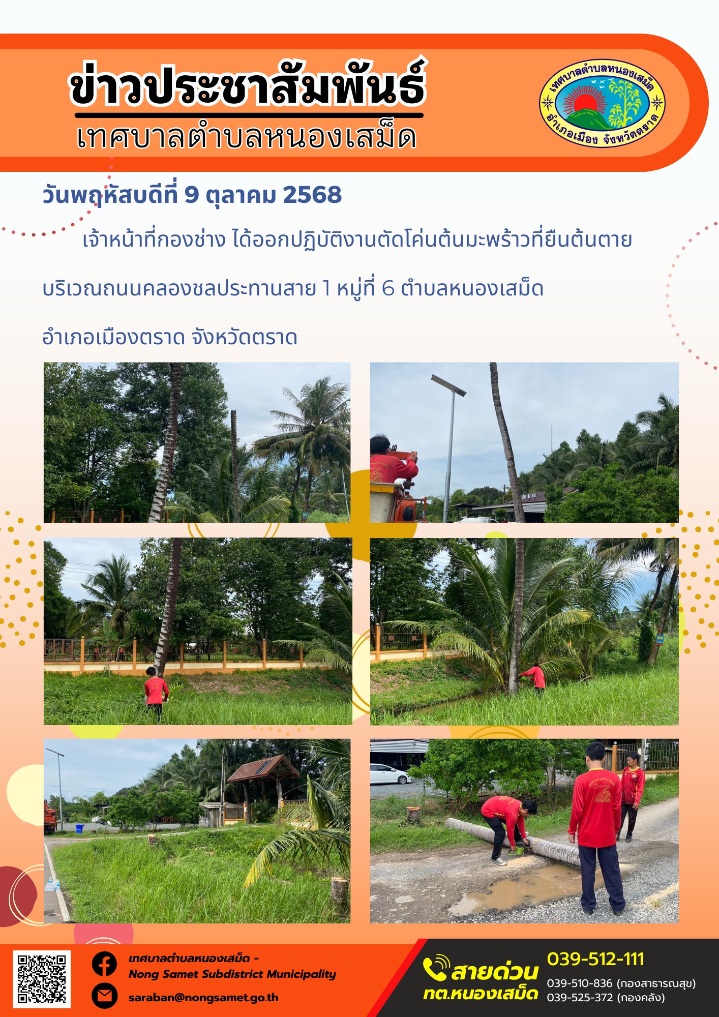ข่าวประชาสัมพันธ์เทศบาลตำบลหนองเสม็ด
วันพฤหัสบดีที่ 9 ตุลาคม 2568
                     เจ้าหน้าที่กองช่าง ได้ออกปฏิบัติงานตัดโค่นต้นมะพร้าวที่ยืนต้นตาย บริเวณถนนคลองชลประทานสาย 1 หมู่ที่ 6 ตำบลหนองเสม็ด อำเภอเมืองตราด จังหวัดตราด
