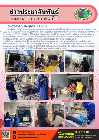 ข่าวประชาสัมพันธ์เทศบาลตำบลหนองเสม็ด
วันอังคารที่ 14 ตุลาคม 2568
               เจ้าหน้าที่หน่วยปฏิบัติการการแพทย์ฉุกเฉิน เทศบาลตำบลหนองเสม็ด ได้ออกปฏิบัติภารกิจโดยในระหว่างเวลา 07.00 - 07.40 น. ได้รับผู้ป่วยชายรายหนึ่งจากหมู่ที่ 4 ตำบลหนองเสม็ด ส่งโรงพยาบาลตราดเพื่อเจาะเลือดและรับกลับ