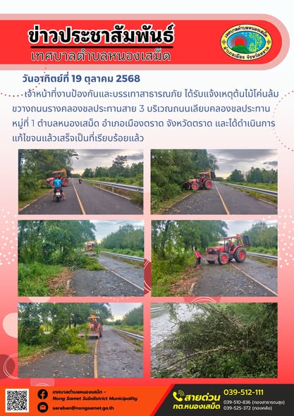 ข่าวประชาสัมพันธ์เทศบาลตำบลหนองเสม็ด
วันอาทิตย์ที่ 19 ตุลาคม 2568
               เจ้าหน้าที่งานป้องกันและบรรเทาสาธารณภัย ได้รับแจ้งเหตุต้นไม้โค่นล้มขวางถนนรางคลองชลประทานสาย 3 บริเวณถนนเลียบคลองชลประทาน หมู่ที่ 1 ตำบลหนองเสม็ด อำเภอเมืองตราด จังหวัดตราด และได้ดำเนินการแก้ไขจนแล้วเสร็จเป็นที่เรียบร้อยแล้ว