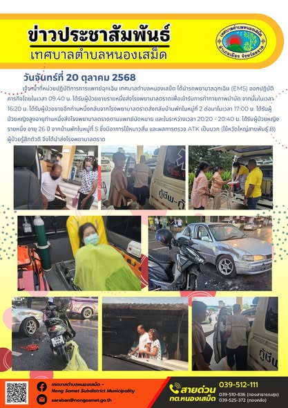 ข่าวประชาสัมพันธ์เทศบาลตำบลหนองเสม็ด
วันจันทร์ที่ 20 ตุลาคม 2568
              เจ้าหน้าที่หน่วยปฏิบัติการการแพทย์ฉุกเฉิน เทศบาลตำบลหนองเสม็ด ได้นำรถพยาบาลฉุกเฉิน (EMS) ออกปฏิบัติภารกิจโดยในเวลา 09.40 น. ได้รับผู้ป่วยชายรายหนึ่งส่งโรงพยาบาลตราดเพื่อเข้ารับการทำกายภาพบำบัด จากนั้นในเวลา 16:20 น. ได้รับผู้ป่วยชายอีกท่านหนึ่งกลับจากโรงพยาบาลตราดส่งกลับบ้านพักในหมู่ที่ 2 ต่อมาในเวลา 17:00 น. ได้รับผู้ป่วยหญิงสูงอายุท่านหนึ่งส่งโรงพยาบาลตราดตามแพทย์นัดหมาย และในระหว่างเวลา 20:20 - 20:40 น. ได้รับผู้ป่วยหญิงรายหนึ่ง อายุ 26 ปี จากบ้านพักในหมู่ที่ 5 ซึ่งมีอาการไข้หนาวสั่น และผลการตรวจ ATK เป็นบวก (ไข้หวัดใหญ่สายพันธุ์ B) ผู้ป่วยรู้สึกตัวดี จึงได้นำส่งโรงพยาบาลตราด