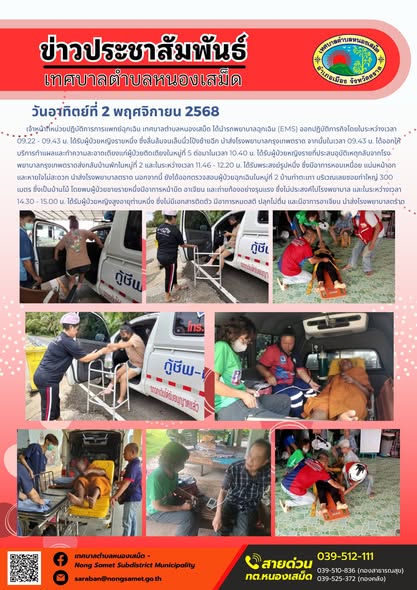 ข่าวประชาสัมพันธ์เทศบาลตำบลหนองเสม็ด
วันอาทิตย์ที่ 2 พฤศจิกายน 2568
                 เจ้าหน้าที่หน่วยปฏิบัติการการแพทย์ฉุกเฉิน เทศบาลตำบลหนองเสม็ด ได้นำรถพยาบาลฉุกเฉิน (EMS) ออกปฏิบัติภารกิจโดยในระหว่างเวลา 09.22 - 09.43 น. ได้รับผู้ป่วยหญิงรายหนึ่ง ซึ่งลื่นล้มจนเล็บนิ้วโป้งซ้ายฉีก นำส่งโรงพยาบาลกรุงเทพตราด จากนั้นในเวลา 09.43 น. ได้ออกให้บริการทำแผลและทำความสะอาดเตียงแก่ผู้ป่วยติดเตียงในหมู่ที่ 5 ต่อมาในเวลา 10.40 น. ได้รับผู้ป่วยหญิงรายที่ประสบอุบัติเหตุกลับจากโรงพยาบาลกรุงเทพตราดส่งกลับบ้านพักในหมู่ที่ 2 และในระหว่างเวลา 11.46 - 12.20 น. ได้รับพระสงฆ์รูปหนึ่ง ซึ่งมีอาการหอบเหนื่อย แน่นหน้าอก และหายใจไม่สะดวก นำส่งโรงพยาบาลตราด นอกจากนี้ ยังได้ออกตรวจสอบผู้ป่วยฉุกเฉินในหมู่ที่ 2 บ้านท่าตะเภา บริเวณเลยซอยท่าใหญ่ 300 เมตร ซึ่งเป็นบ้านไม้ โดยพบผู้ป่วยชายรายหนึ่งมีอาการหน้ามืด อาเจียน และถ่ายท้องอย่างรุนแรง ซึ่งไม่ประสงค์ไปโรงพยาบาล และในระหว่างเวลา 14.30 - 15.00 น. ได้รับผู้ป่วยหญิงสูงอายุท่านหนึ่ง ซึ่งไม่มีเอกสารติดตัว มีอาการหมดสติ ปลุกไม่ตื่น และมีอาการอาเจียน นำส่งโรงพยาบาลตราด