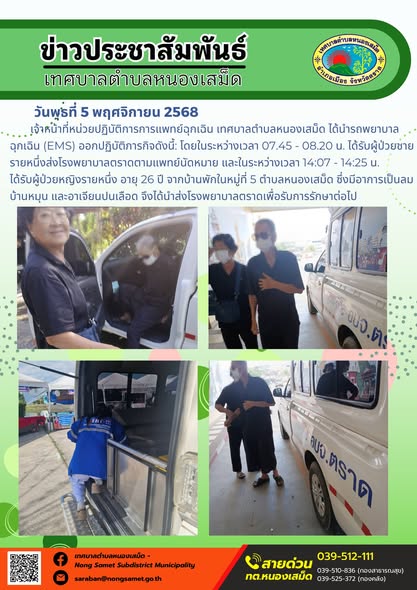 ข่าวประชาสัมพันธ์เทศบาลตำบลหนองเสม็ด
วันพุธที่ 5 พฤศจิกายน 2568
                  เจ้าหน้าที่หน่วยปฏิบัติการการแพทย์ฉุกเฉิน เทศบาลตำบลหนองเสม็ด ได้นำรถพยาบาลฉุกเฉิน (EMS) ออกปฏิบัติภารกิจโดยในระหว่างเวลา 07.45 - 08.20 น. ได้รับผู้ป่วยชายรายหนึ่งส่งโรงพยาบาลตราดตามแพทย์นัดหมาย และในระหว่างเวลา 14:07 - 14:25 น. ได้รับผู้ป่วยหญิงรายหนึ่ง อายุ 26 ปี จากบ้านพักในหมู่ที่ 5 ตำบลหนองเสม็ด ซึ่งมีอาการเป็นลม บ้านหมุน และอาเจียนปนเลือด จึงได้นำส่งโรงพยาบาลตราดเพื่อรับการรักษาต่อไป