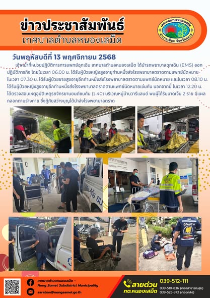ข่าวประชาสัมพันธ์เทศบาลตำบลหนองเสม็ด
วันพฤหัสบดีที่ 13 พฤศจิกายน 2568
            เจ้าหน้าที่หน่วยปฏิบัติการการแพทย์ฉุกเฉิน เทศบาลตำบลหนองเสม็ด ได้นำรถพยาบาลฉุกเฉิน (EMS) ออกปฏิบัติภารกิจโดยในเวลา 06.00 น. ได้รับผู้ป่วยหญิงสูงอายุท่านหนึ่งส่งโรงพยาบาลตราดตามแพทย์นัดหมาย ในเวลา 07.30 น. ได้รับผู้ป่วยชายสูงอายุอีกท่านหนึ่งส่งโรงพยาบาลตราดตามแพทย์นัดหมาย และในเวลา 08.10 น. ได้รับผู้ป่วยหญิงสูงอายุอีกท่านหนึ่งส่งโรงพยาบาลตราดตามแพทย์นัดหมายเช่นกัน
นอกจากนี้ ในเวลา 12.20 น. ได้ตรวจสอบเหตุอุบัติเหตุรถจักรยานยนต์ชนกัน (ว.40) บริเวณหมู่บ้านวารีแลนด์ พบผู้ได้รับบาดเจ็บ 2 ราย มีแผลถลอกตามร่างกาย ซึ่งกู้ภัยสว่างบุญได้นำส่งโรงพยาบาลตราด