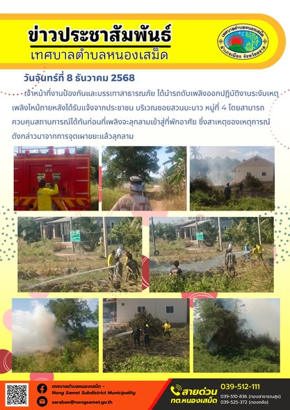 เจ้าหน้าที่งานป้องกันและบรรเทาสาธารณภัย ได้นำรถดับเพลิงออกปฏิบัติงานระงับเหตุเพลิงไหม้ภายหลังได้รับแจ้งจากประชาชน บริเวณซอยสวนมะนาว หมู่ที่ 4 โดยสามารถควบคุมสถานการณ์ได้ทันก่อนที่เพลิงจะลุกลามเข้าสู่ที่พักอาศัย ซึ่งสาเหตุของเหตุการณ์ดังกล่าวมาจากการจุดเผาขยะแล้วลุกลาม