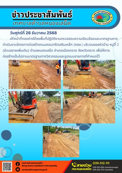 เจ้าหน้าที่กองช่างได้ลงพื้นที่ปฏิบัติงานตรวจสอบความเรียบร้อยและมาตรฐานการดำเนินงานโครงการก่อสร้างถนนคอนกรีตเสริมเหล็ก (คสล.) บริเวณซอยหัวบ้าน หมู่ที่ 2 (ส่วนขยายเพิ่มเติม) ตำบลหนองเสม็ด