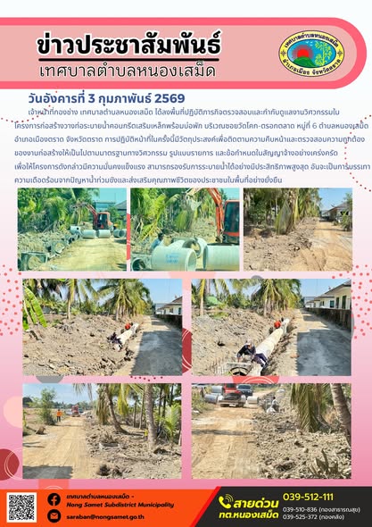 เจ้าหน้าที่กองช่าง เทศบาลตำบลหนองเสม็ด ได้ลงพื้นที่ปฏิบัติภารกิจตรวจสอบและกำกับดูแลงานวิศวกรรมใน