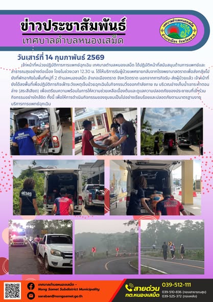 เจ้าหน้าที่หน่วยปฏิบัติการการแพทย์ฉุกเฉิน เทศบาลตำบลหนองเสม็ด ได้ปฏิบัติหน้าที่สนับสนุนด้านการแพทย์และสาธารณสุขอย่างต่อเนื่อง โดยในช่วงเวลา 12.30 น. ได้ให้บริการรับผู้ป่วยเพศชายกลับจากโรงพยาบาลตราดเพื่อส่งกลับไปยังที่พักอาศัยในพื้นที่หมู่ที่ 2
นอกจากภารกิจรับ-ส่งผู้ป่วยแล้ว เจ้าหน้าที่ยังได้ลงพื้นที่เพื่อปฏิบัติภารกิจเฝ้าระวังเหตุเจ็บป่วยฉุกเฉินในกิจกรรมวิ่งออกกำลังกาย ณ บริเวณอ่างเก็บน้ำเขาระกำตอนล่าง (สระสีเสียด) เพื่อเตรียมความพร้อมในการให้ความช่วยเหลือเบื้องต้นและดูแลความปลอดภัยของประชาชนที่เข้าร่วมกิจกรรมอย่างใกล้ชิด ทั้งนี้ เพื่อให้การดำเนินกิจกรรมของชุมชนเป็นไปอย่างเรียบร้อยและปลอดภัยตามมาตรฐานงานบริการการแพทย์ฉุกเฉิน