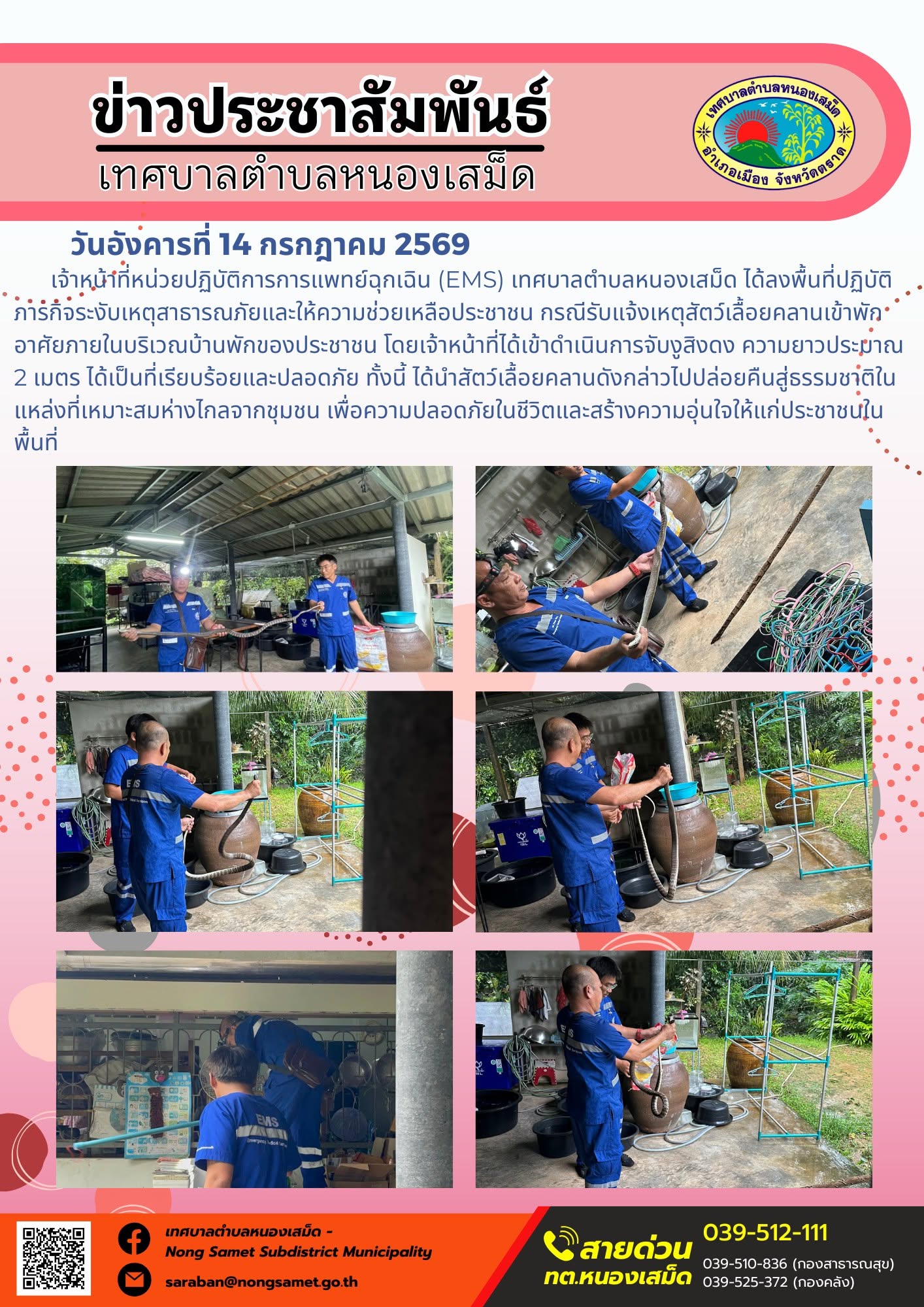 ข่าวประชาสัมพันธ์เทศบาลตำบลหนองเสม็ด
วันอังคารที่ 14 กรกฎาคม 2569
    เจ้าหน้าที่หน่วยปฏิบัติการการแพทย์ฉุกเฉิน (EMS) เทศบาลตำบลหนองเสม็ด ได้ลงพื้นที่ปฏิบัติภารกิจระงับเหตุสาธารณภัยและให้ความช่วยเหลือประชาชน กรณีรับแจ้งเหตุสัตว์เลื้อยคลานเข้าพักอาศัยภายในบริเวณบ้านพักของประชาชน โดยเจ้าหน้าที่ได้เข้าดำเนินการจับงูสิงดง ความยาวประมาณ 2 เมตร ได้เป็นที่เรียบร้อยและปลอดภัย ทั้งนี้ ได้นำสัตว์เลื้อยคลานดังกล่าวไปปล่อยคืนสู่ธรรมชาติในแหล่งที่เหมาะสมห่างไกลจากชุมชน เพื่อความปลอดภัยในชีวิตและสร้างความอุ่นใจให้แก่ประชาชนในพื้นที่