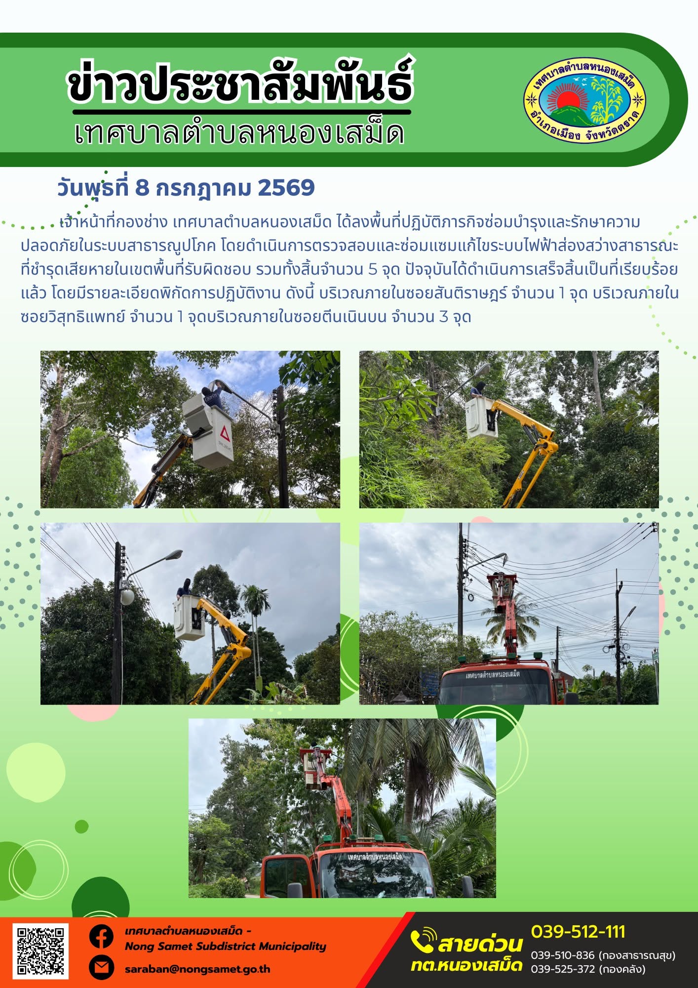 ข่าวประชาสัมพันธ์เทศบาลตำบลหนองเสม็ด
วันพุธที่ 8 กรกฎาคม 2569
   เจ้าหน้าที่กองช่าง เทศบาลตำบลหนองเสม็ด ได้ลงพื้นที่ปฏิบัติภารกิจซ่อมบำรุงและรักษาความปลอดภัยในระบบสาธารณูปโภค โดยดำเนินการตรวจสอบและซ่อมแซมแก้ไขระบบไฟฟ้าส่องสว่างสาธารณะที่ชำรุดเสียหายในเขตพื้นที่รับผิดชอบ รวมทั้งสิ้นจำนวน 5 จุด ปัจจุบันได้ดำเนินการเสร็จสิ้นเป็นที่เรียบร้อยแล้ว โดยมีรายละเอียดพิกัดการปฏิบัติงาน ดังนี้