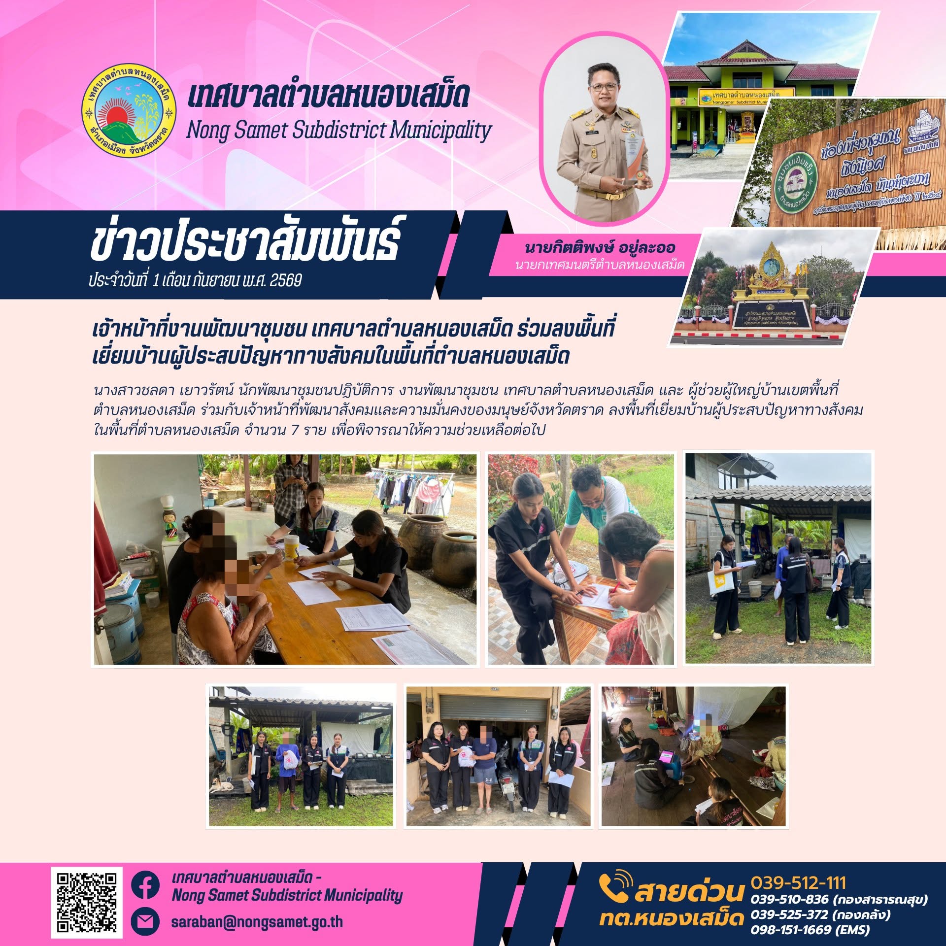 ข่าวประชาสัมพันธ์เทศบาลตำบลหนองเสม็ด วันอังคารที่ 1 กันยายน 2569 เจ้าหน้าที่งานพัฒนาชุมชน เทศบาลตำบลหนองเสม็ด ร่วมลงพื้นที่เยี่ยมบ้านผู้ประสบปัญหาทางสังคมในพื้นที่ตำบลหนองเสม็ด