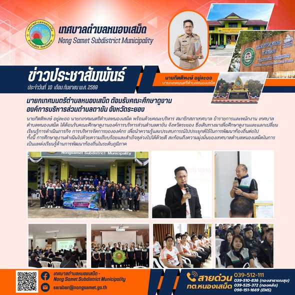 ข่าวประชาสัมพันธ์เทศบาลตำบลหนองเสม็ด วันพฤหัสบดีที่ 10 กันยายน 2569 นายกเทศมนตรีตำบลหนองเสม็ด ต้อนรับคณะศึกษาดูงาน องค์การบริหารส่วนตำบลตาขัน จังหวัดระยอง